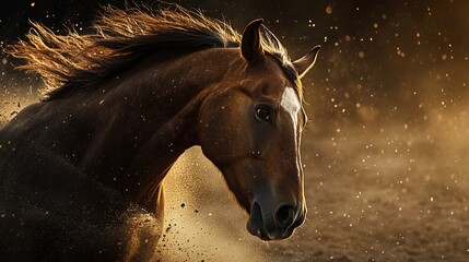 Majestic brown horse running, dust flying, mane flowing in golden light.