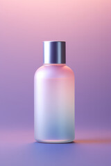 Frosted cosmetic bottle with silver cap on pink gradient background with copy space. Beauty product packaging concept