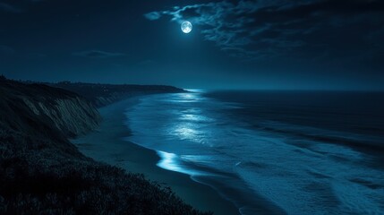 Fototapeta premium Serene night scene, ocean waves meet a cliff under a full moon. Ideal for peaceful, tranquil themes, evokes calmness and serenity.