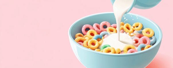 Bowl of colorful breakfast cereal,fruit cereal crispy with milk isolated on a white background,pastel Cereal cornflakes,Happy Cereal day,space for text.