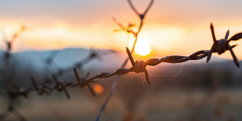 Barbed wire silhouette against sunset sky with mountains. Boundary and limitation symbol