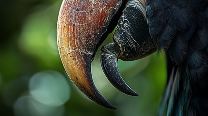Naklejka premium Close-up of a parrot's powerful beak, showcasing its texture and unique shape against a blurred green background.