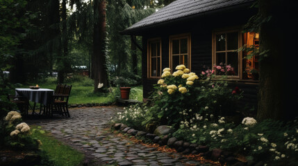 Fototapeta premium Charming cottage exterior with stone path and flower garden