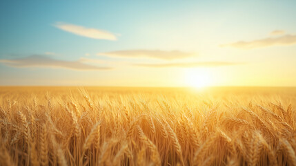 Obraz premium Golden Field at Sunset: A vibrant shot of a golden wheat field stretches to the horizon, bathed in the warm, radiant glow of a setting sun, creating a picturesque and tranquil scene.