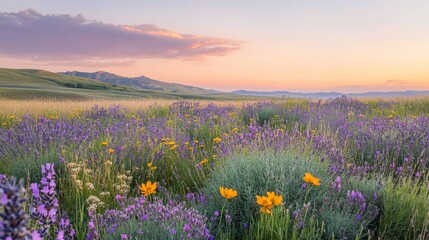 Fototapeta premium Vibrant sunset over a field of purple lavender and yellow wildflowers, rolling hills in background.