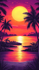 Tropical sunset with palm trees and a boat