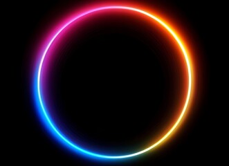 Obraz premium Bright, concentric neon rings illuminate the darkness, crafting an enchanting circular light show. The multicolored rings emit energy and create a captivating pattern