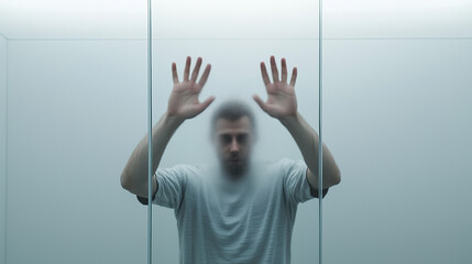 Restrained Reflection: A man trapped behind frosted glass, hands pressed against the surface, evokes feelings of isolation and confinement, offering a poignant and introspective visual metaphor.