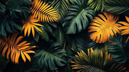 Naklejka premium A close-up of tropical leaves showcasing their rich green color and unique textures in nature