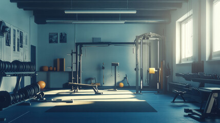 Gym with weight racks, squat rack, bench, and exercise machines