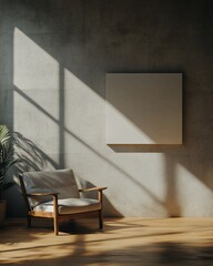 Sunlight streams through window onto minimalist room with armchair and blank canvas.