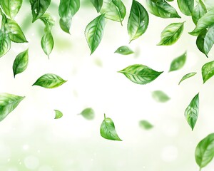 Falling green tea leaves on white background.