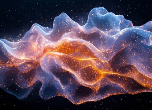 A radiant wave of purple and pink, glowing from within, moves sinuously across a dark background, exuding energy and dynamism