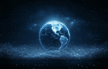 Obraz premium A digital globe is lit up with vibrant blue and red light trails circling it, symbolizing contemporary technology and global interconnectedness against a dark background