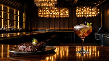Sizzling Steak and Cocktail in Elegant Dark Mahogany Restaurant