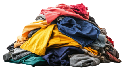 Pile of colorful used clothes isolated on transparent background