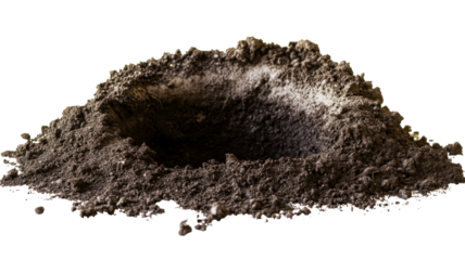 Small hole dug in the ground with transparent background