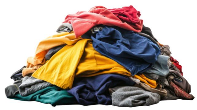 Pile of colorful used clothes isolated on transparent background