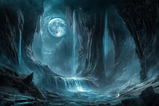 Enchanted Cave with Waterfall and Full Moon Light in Fantasy Landscape