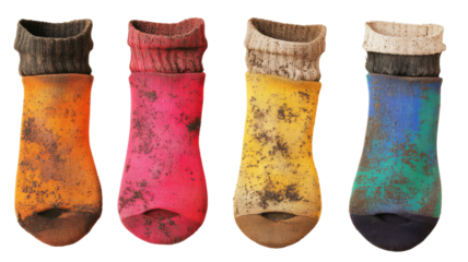 Four colorful muddy socks isolated on transparent background