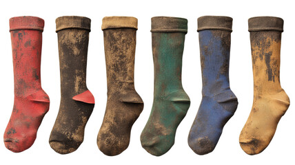 Six muddy socks isolated on transparent background representing hard work