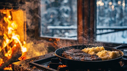 Sizzling Steak and Mashed Potatoes by a Winter Window View