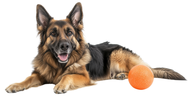 German shepherd dog lying down with orange ball on transparent background