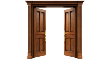 Elegant open double wooden door with transparent background
