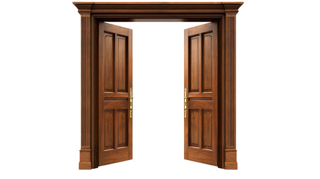 Elegant open double wooden door with transparent background