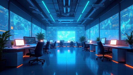 Fototapeta premium Virtual workspace background, A glowing futuristic virtual office with sleek furniture dynamic graphs and warm lights against a blue gradient.
