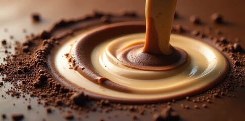 Creamy milk swirling into dark chocolate, rich contrast , milk, delicious, wave