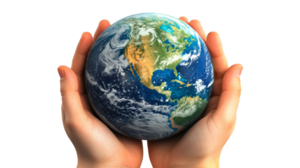 Two hands holding earth globe with transparent background