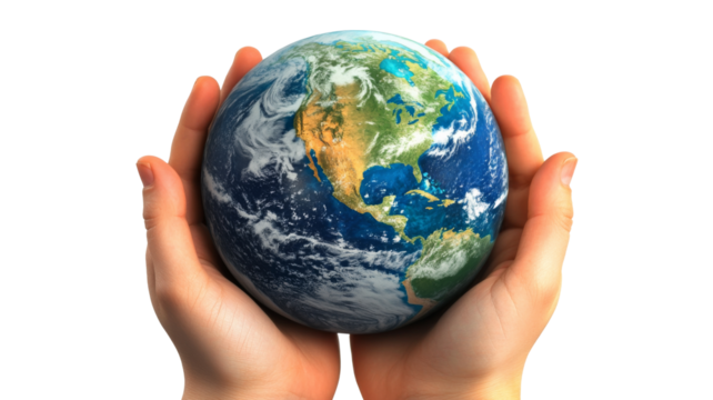 Two hands holding earth globe with transparent background