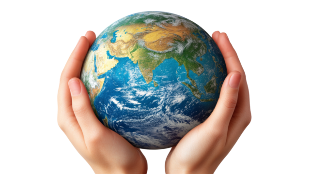 Two hands holding earth globe showing asia on transparent background