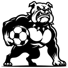 Bulldog Guardian with Soccer Ball: A muscular bulldog stands poised, gripping a soccer ball, exuding strength and determination, perfect for representing sports teams or themes of power.