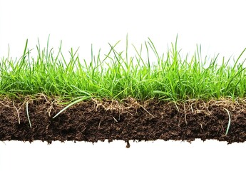 Lush green grass with visible roots and soil isolated on white.