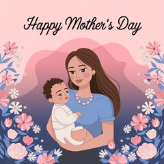 Happy Mother's Day. Greeting Card, Mother and Daughter, Carnation Flowers.