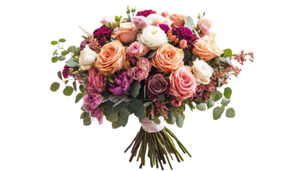 Bouquet of pink, peach, and white roses with eucalyptus on transparent background