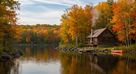 Cozy Log Cabin by Autumn Lake Nestled Among Vibrant Fall Foliage