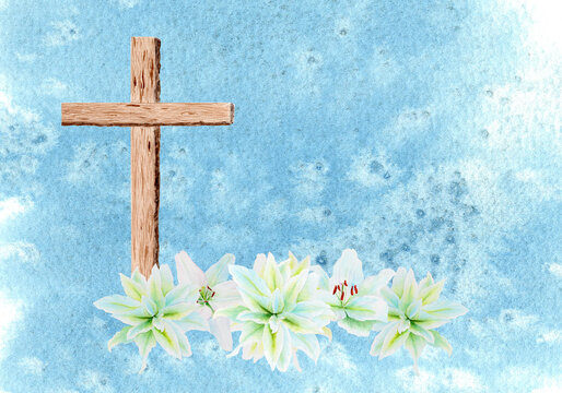 Cross with crown of thorns and white lily garland watercolor composition on textured blue background. Illustration perfect for Easter, Holy Thursday, christening baptism, wedding cards decor design - Powered by Adobe