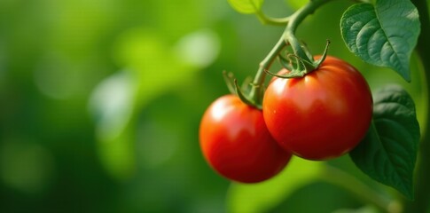 Heavy, plump tomatoes hang from a mature vine, leaves shading fruit , image, garden produce, farming