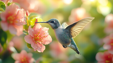 Naklejka premium Hummingbird in flight amid delicate pink flowers, macro wildlife, spring garden, ethereal nature