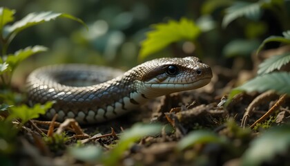 Obraz premium Garter Snake Exploring Ground Cover in Natural Habitat Close Up