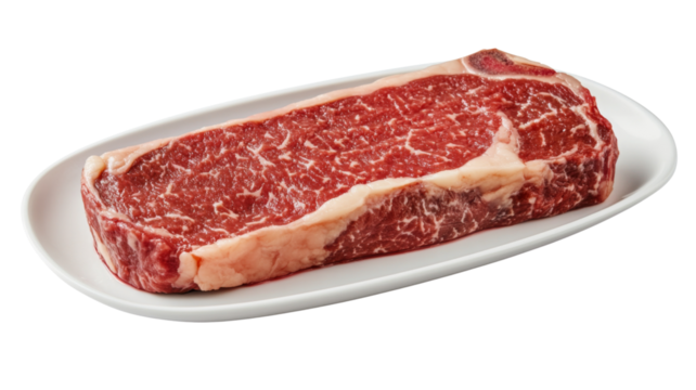 Raw new york strip steak lying on white oval plate with transparent background