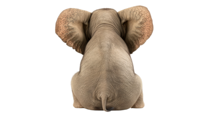 Baby elephant sitting showing back and big ears on transparent background