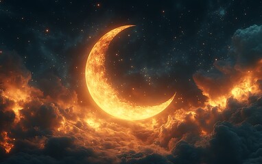 Fiery Crescent Moon Night Sky Celestial Fantasy Art Dark Glow Heat Stars Space Light Flame Image    