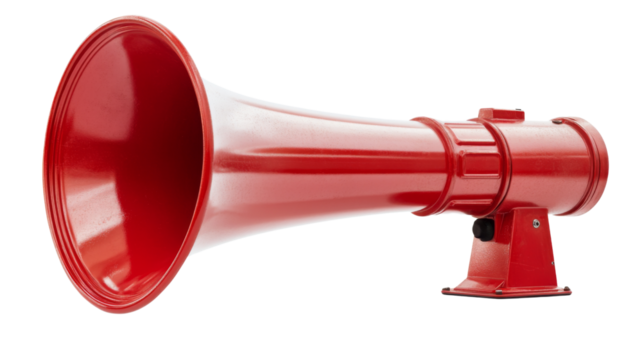 Red megaphone amplifying sound on transparent background