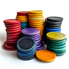A vibrant collection of colorful gaming chips stacked on a white background