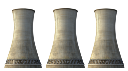 Three nuclear power plant cooling towers on transparent background