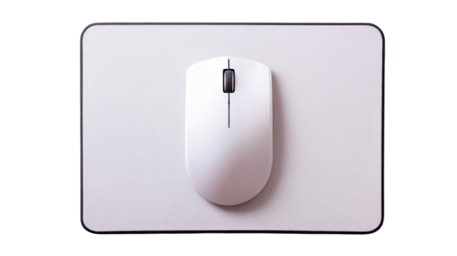 Modern wireless mouse positioned on mousepad with transparent background